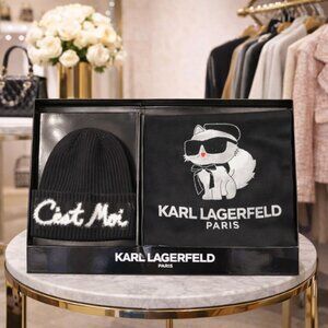 Karl Lagerfeld Paris Beanie & Scarf Gift Set Black C’est Moi Cat Rhinestone NIB